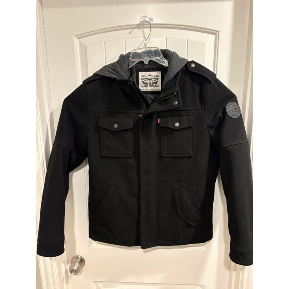 Levis Mens Wool Blend Hooded Military Jacket Black Quilted Lined Coat Size M